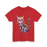 Colorful Sugar Skull Cat Halloween T-Shirt - Red