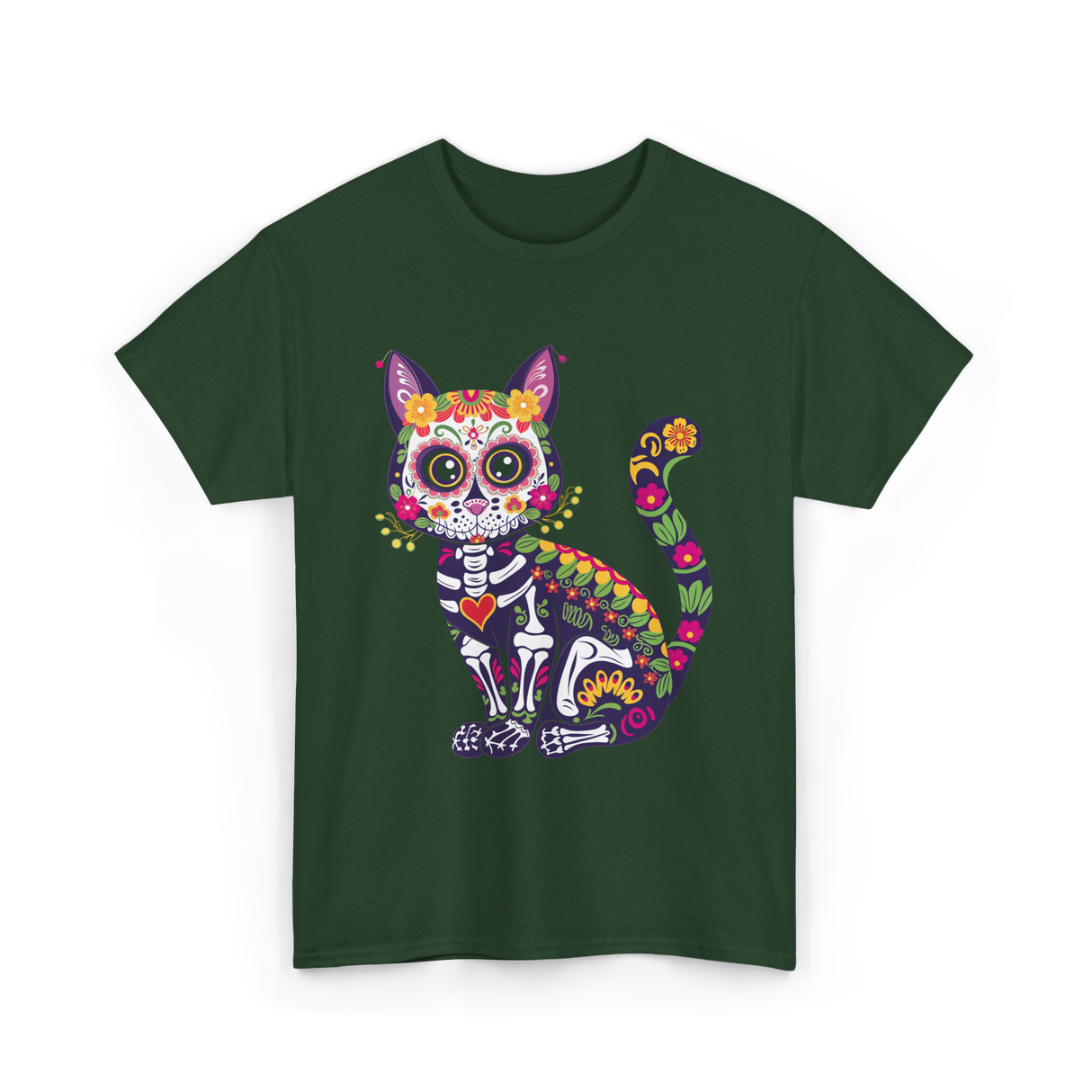 Colorful Sugar Skull Cat Halloween T-Shirt - Forest Green