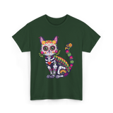 Colorful Sugar Skull Cat Halloween T-Shirt - Forest Green