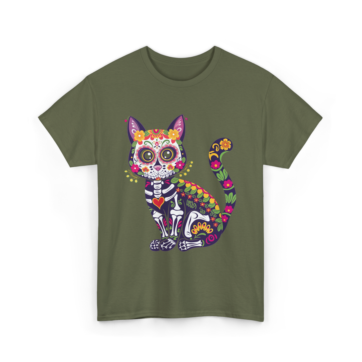 Colorful Sugar Skull Cat Halloween T-Shirt - Military Green