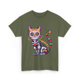 Colorful Sugar Skull Cat Halloween T-Shirt - Military Green