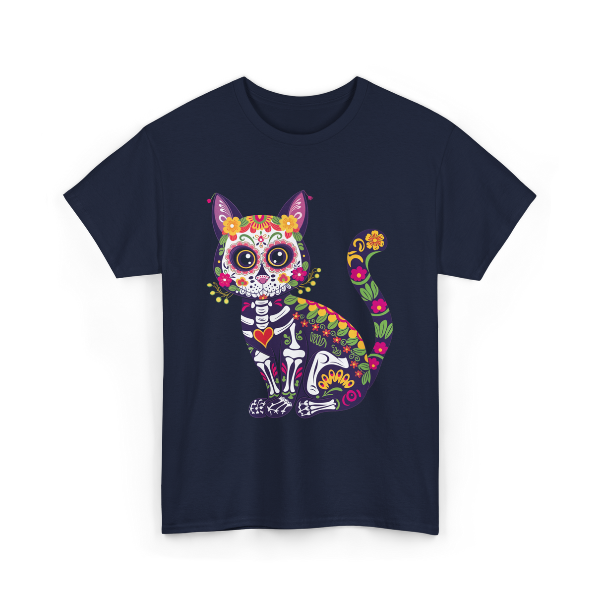 Colorful Sugar Skull Cat Halloween T-Shirt - Navy