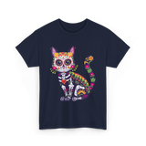 Colorful Sugar Skull Cat Halloween T-Shirt - Navy