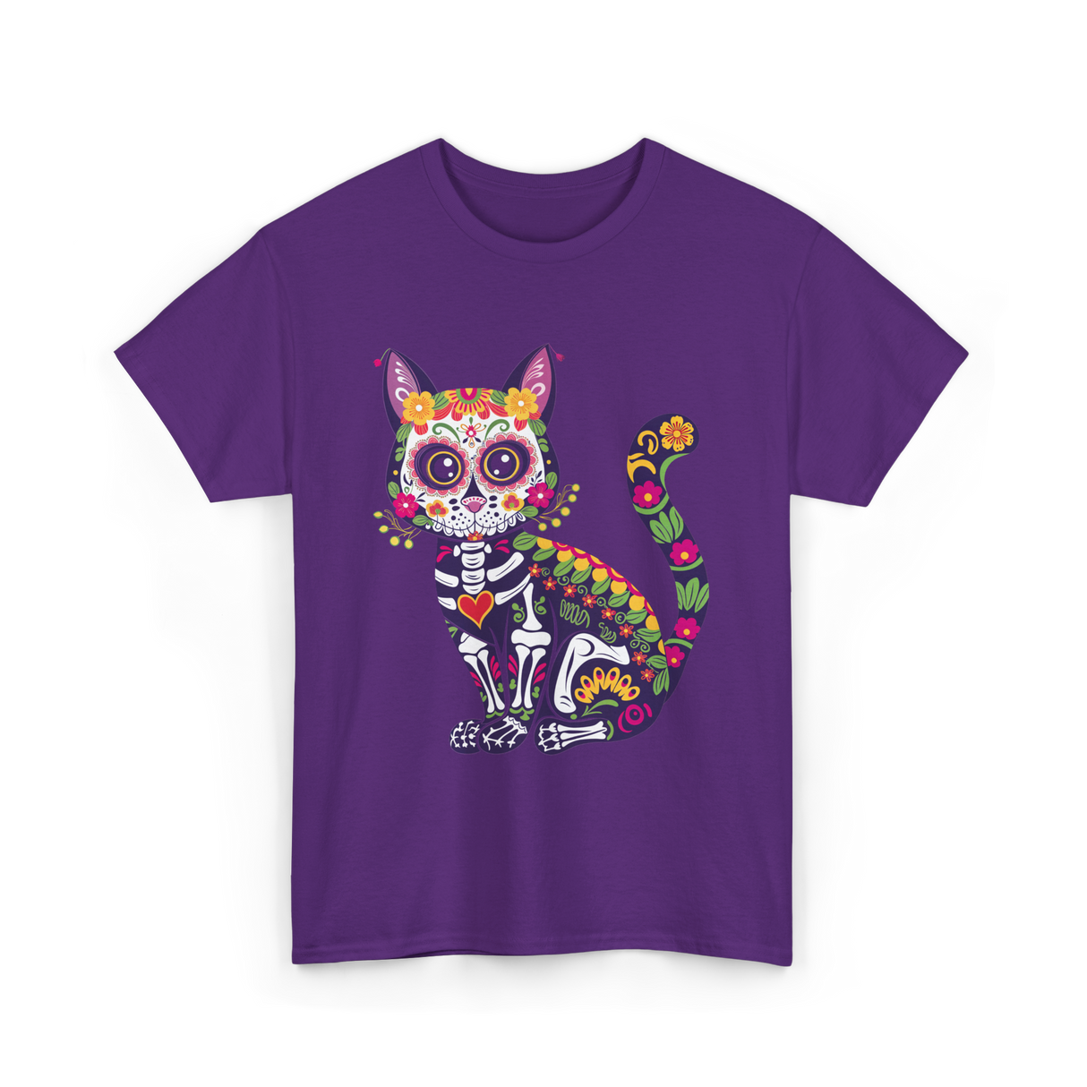 Colorful Sugar Skull Cat Halloween T-Shirt - Purple