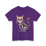 Colorful Sugar Skull Cat Halloween T-Shirt - Purple