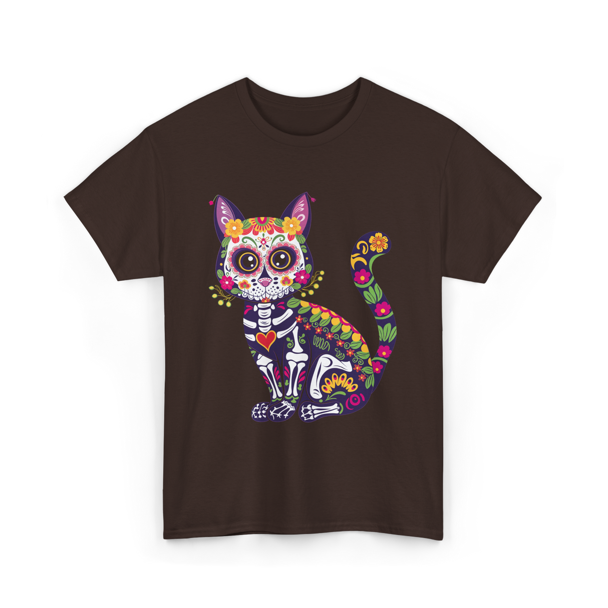 Colorful Sugar Skull Cat Halloween T-Shirt - Dark Chocolate