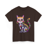 Colorful Sugar Skull Cat Halloween T-Shirt - Dark Chocolate