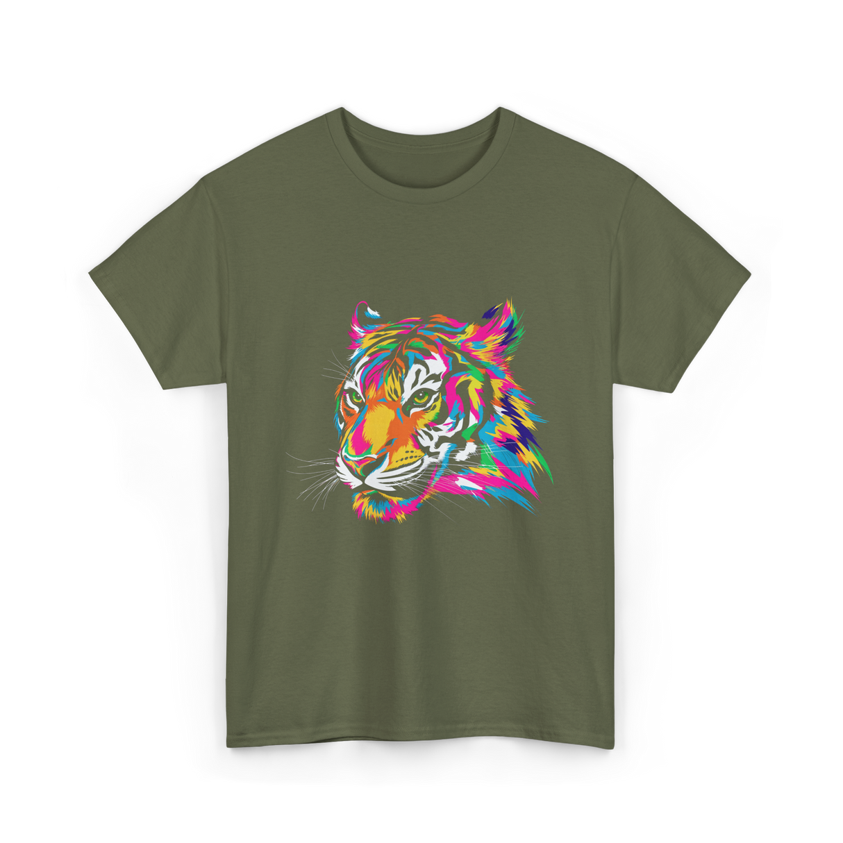 Colorful Tiger Art Animals T-Shirt - Military Green