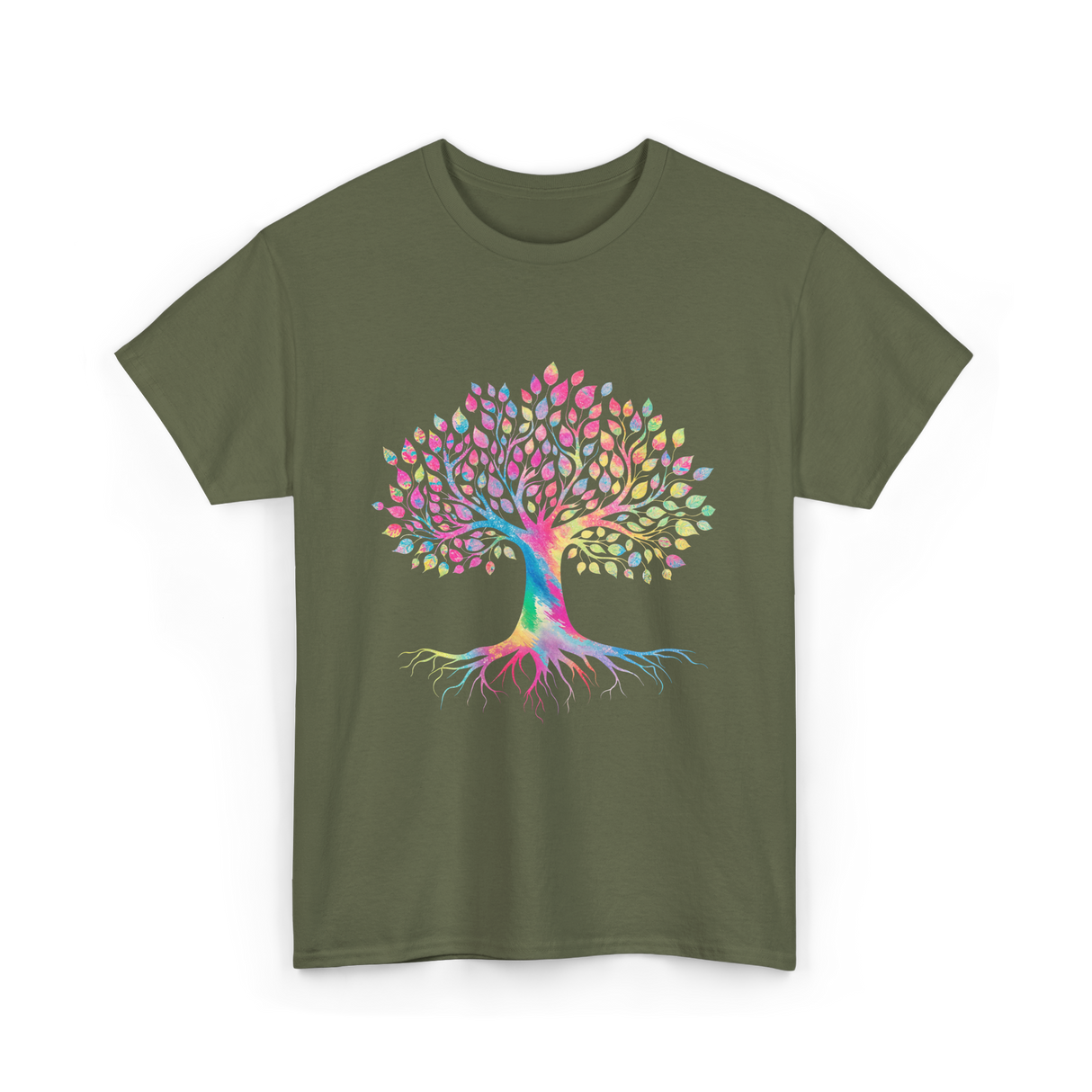 Colorful Tree Art Nature Design T-Shirt - Military Green