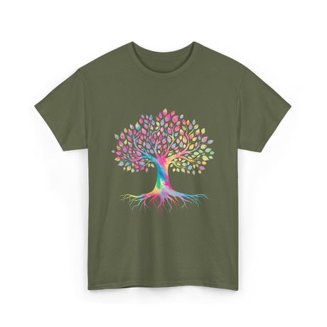 Colorful Tree Art Nature Design T-Shirt - Military Green