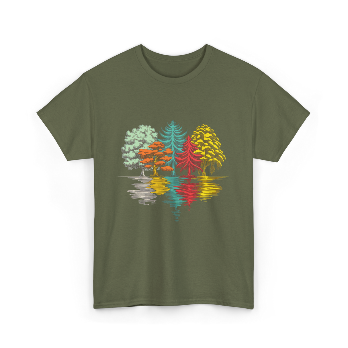 Colorful Trees Nature Wildlife T-Shirt - Military Green