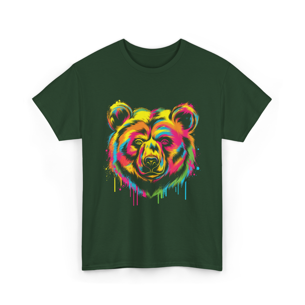 Colourful Bear Artwork Animal Art T-Shirt - Forest Green