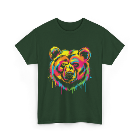 Colourful Bear Artwork Animal Art T-Shirt - Forest Green