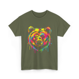 Colourful Bear Artwork Animal Art T-Shirt - Military Green