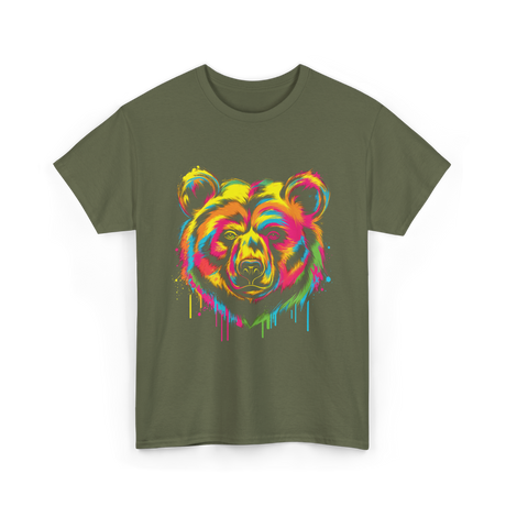 Colourful Bear Artwork Animal Art T-Shirt - Military Green