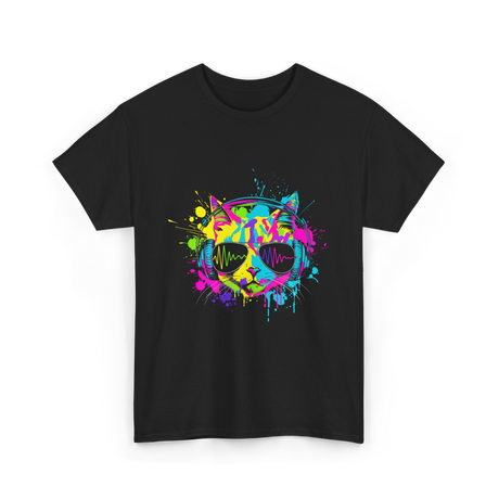 Colourful Cat DJ Music T-Shirt - Black