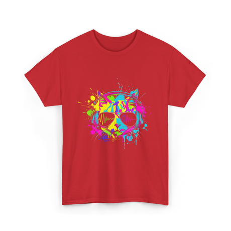 Colourful Cat DJ Music T-Shirt - Red