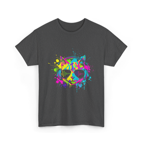 Colourful Cat DJ Music T-Shirt - Dark Heather