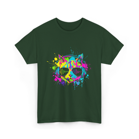 Colourful Cat DJ Music T-Shirt - Forest Green