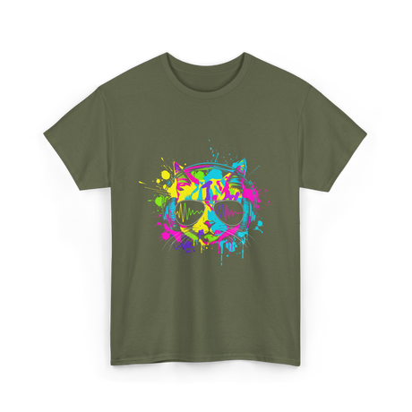 Colourful Cat DJ Music T-Shirt - Military Green