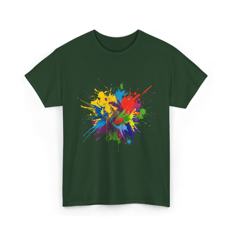 Colourful Paint Splashes Art T-Shirt - Forest Green