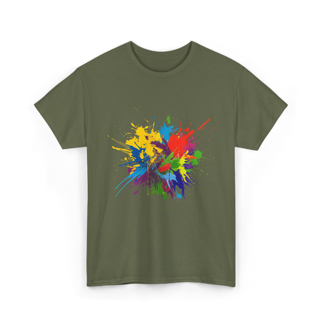 Colourful Paint Splashes Art T-Shirt - Military Green