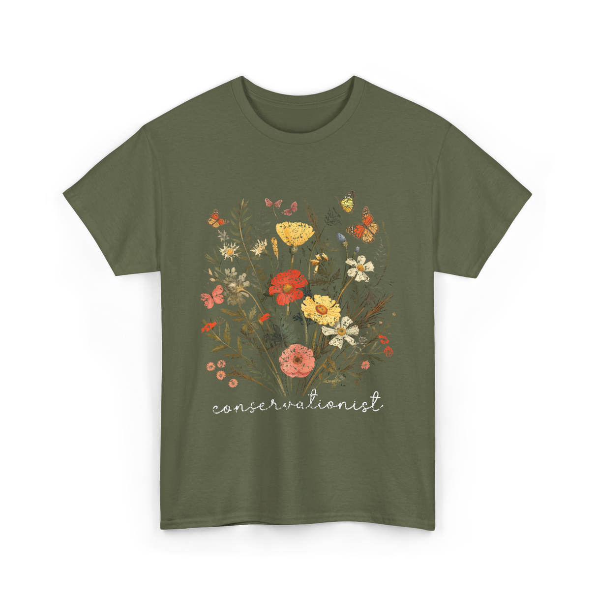 Conservationist Floral Nature Life T-Shirt - Military Green