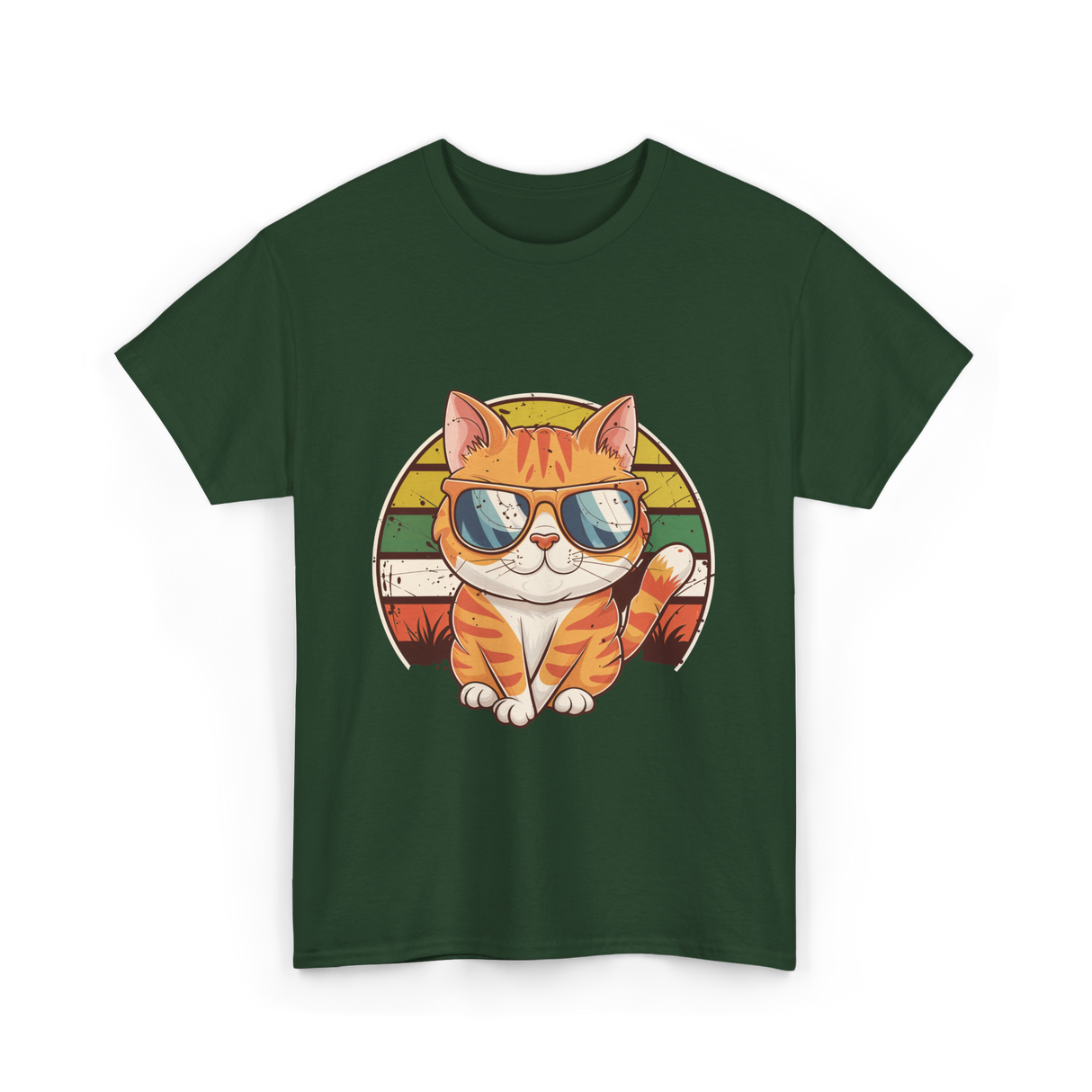 Cool Cat Illustration Cat Lover T-Shirt - Forest Green