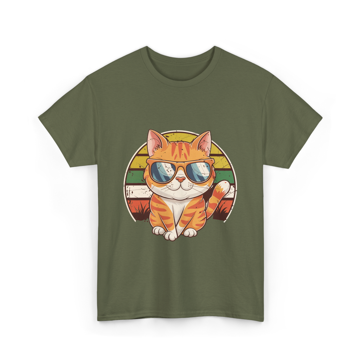 Cool Cat Illustration Cat Lover T-Shirt - Military Green