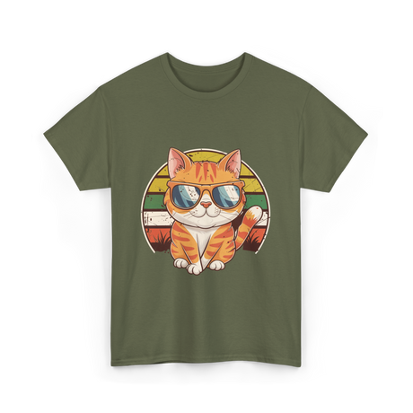 Cool Cat Illustration Cat Lover T-Shirt - Military Green