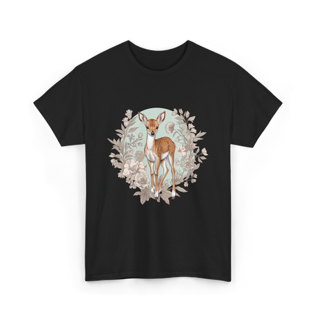 Cottagecore Floral Deer Aesthetic T-Shirt - Black