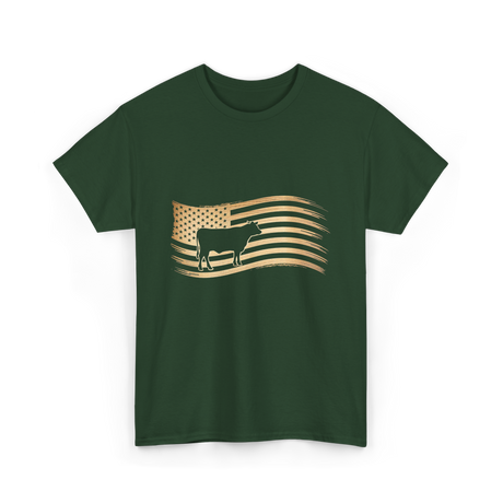 Cow American Flag Vintage Look T-Shirt - Forest Green