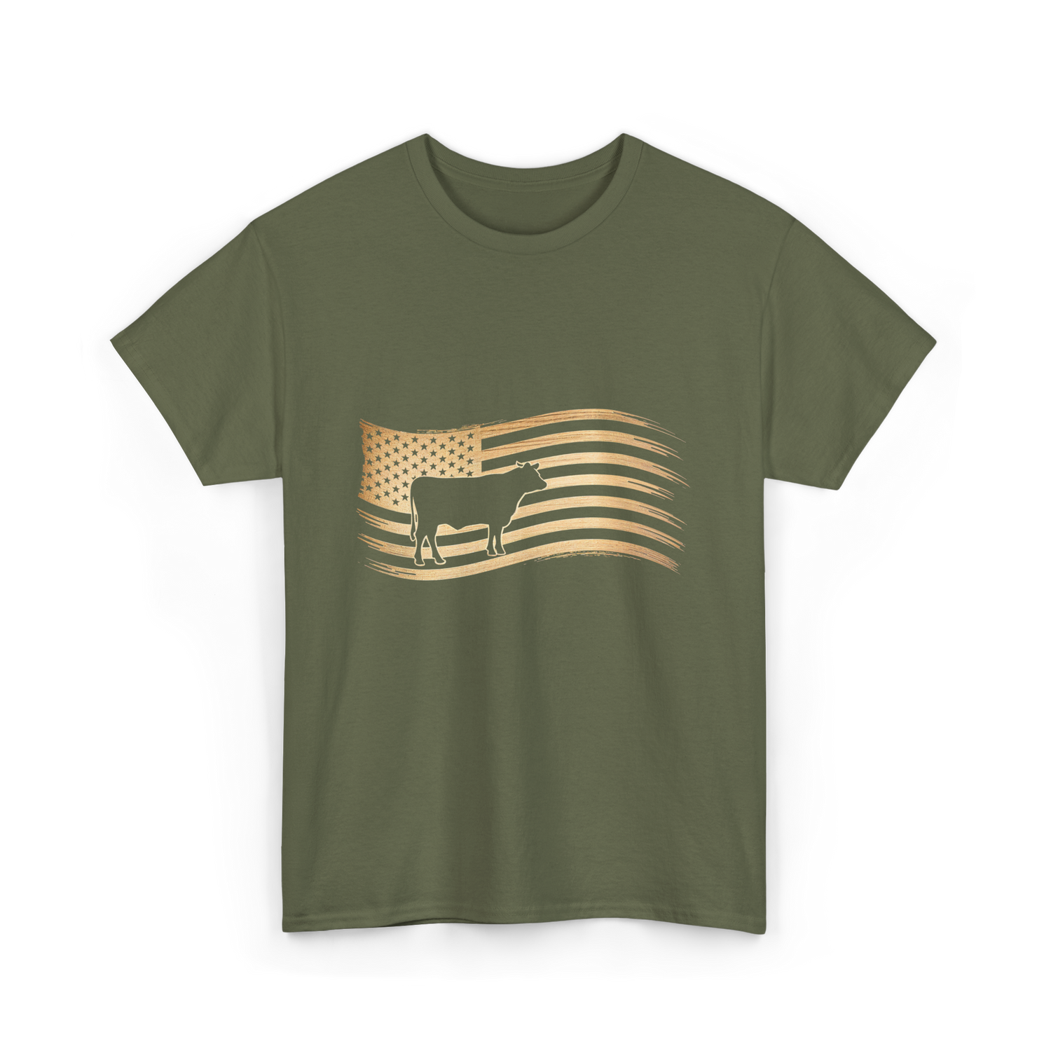 Cow American Flag Vintage Look T-Shirt - Military Green