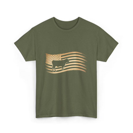 Cow American Flag Vintage Look T-Shirt - Military Green