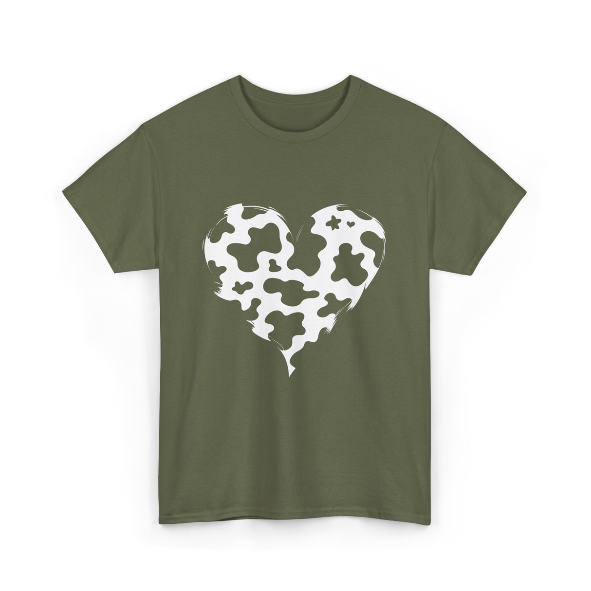 Cow Print Love Heart Design T-Shirt - Military Green