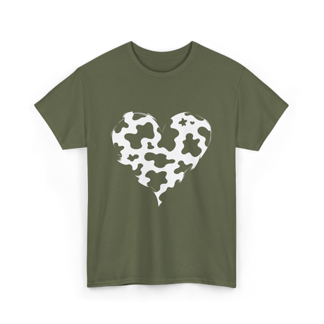 Cow Print Love Heart Design T-Shirt - Military Green