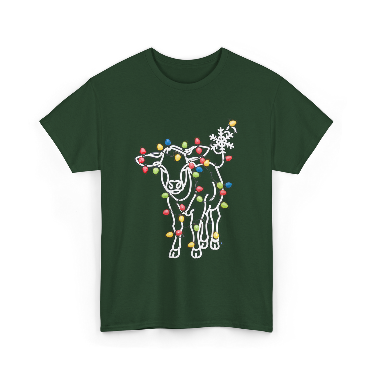 Cow with Lights Christmas T-Shirt - Forest Green