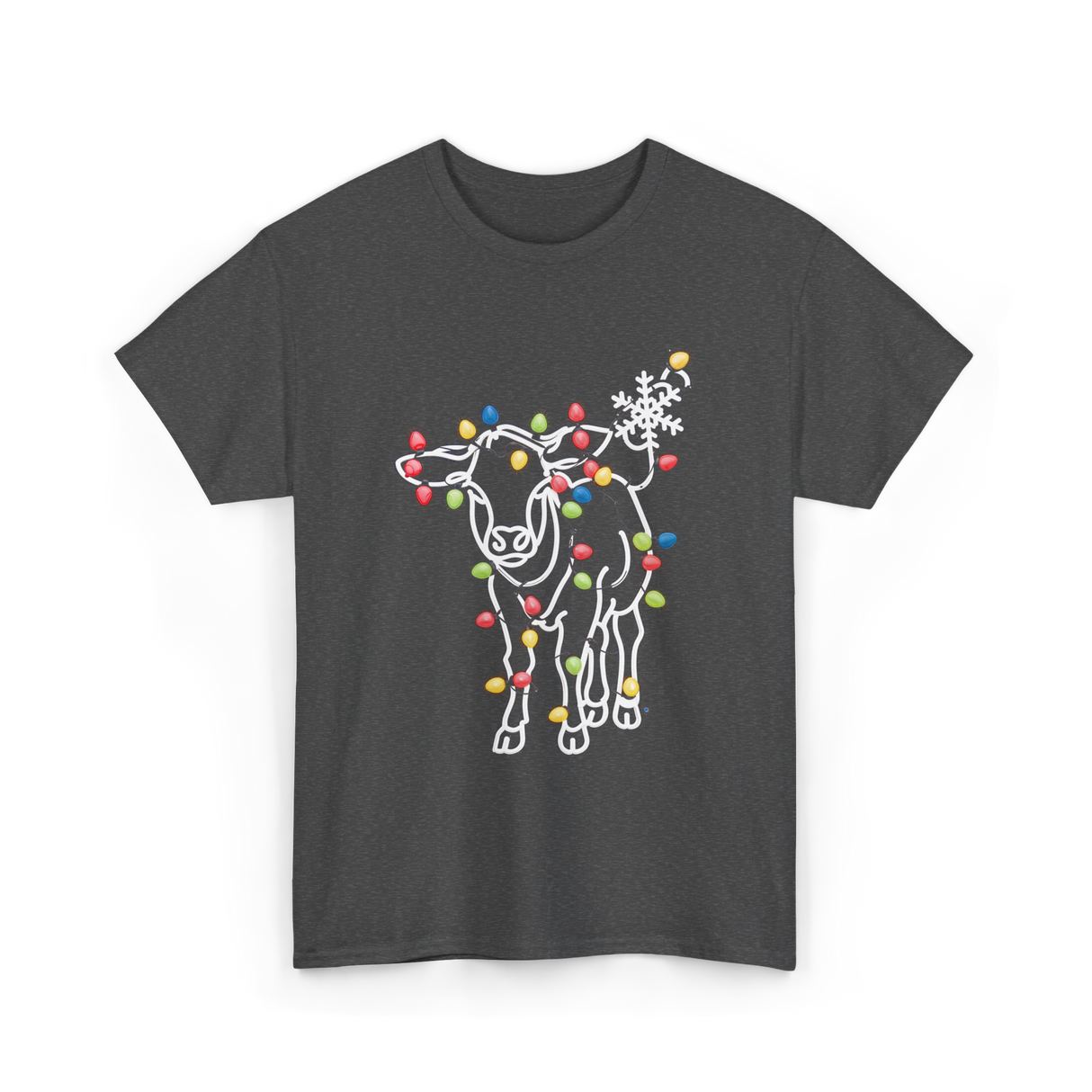 Cow with Lights Christmas T-Shirt - Dark Heather