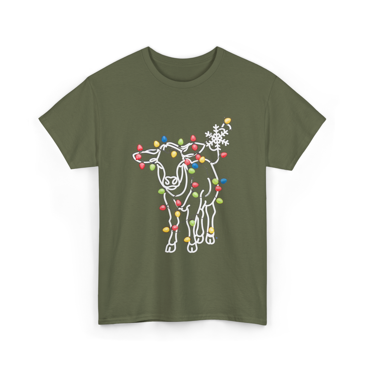 Cow with Lights Christmas T-Shirt - Military Green