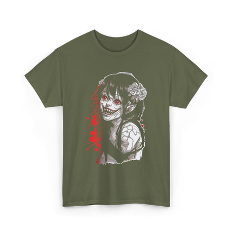 Creepy Kawaii Horror Anime T-Shirt - Military Green