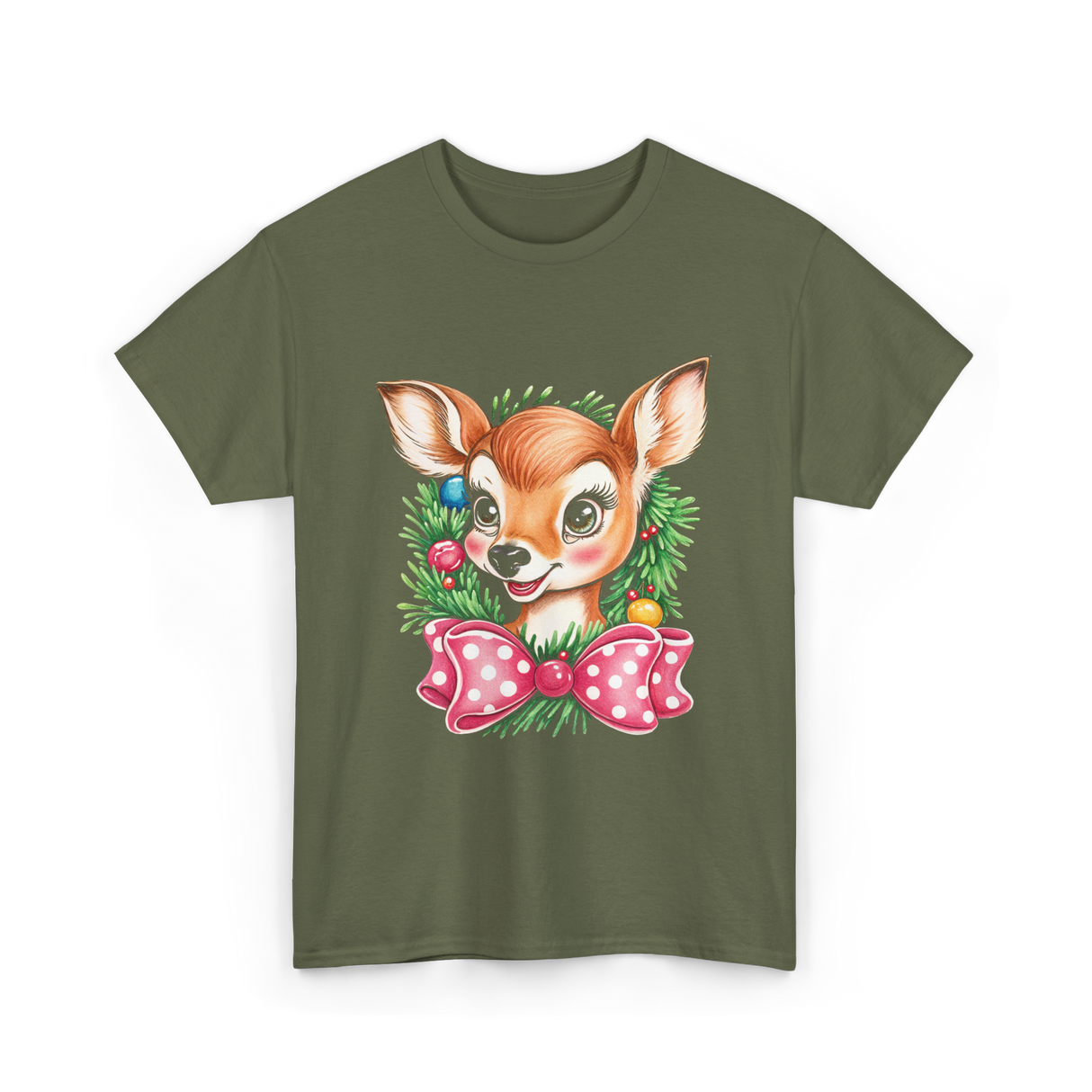 Cute Baby Deer Christmas Kids T-Shirt - Military Green