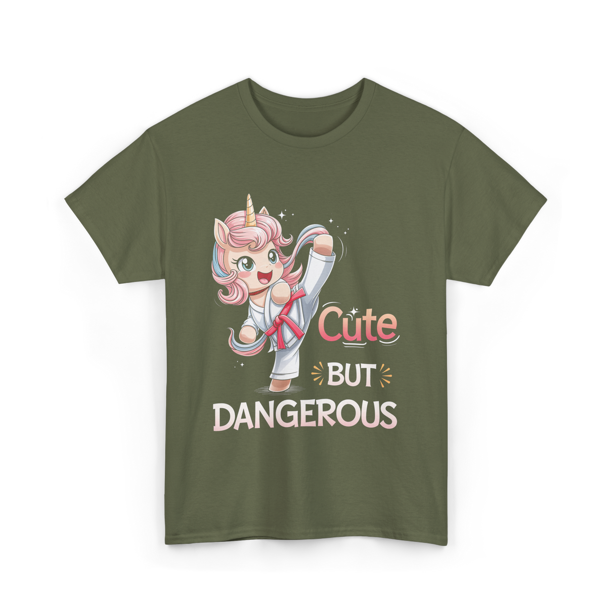 Cute But Dangerous Karate Unicorn T-Shirt - Military Green