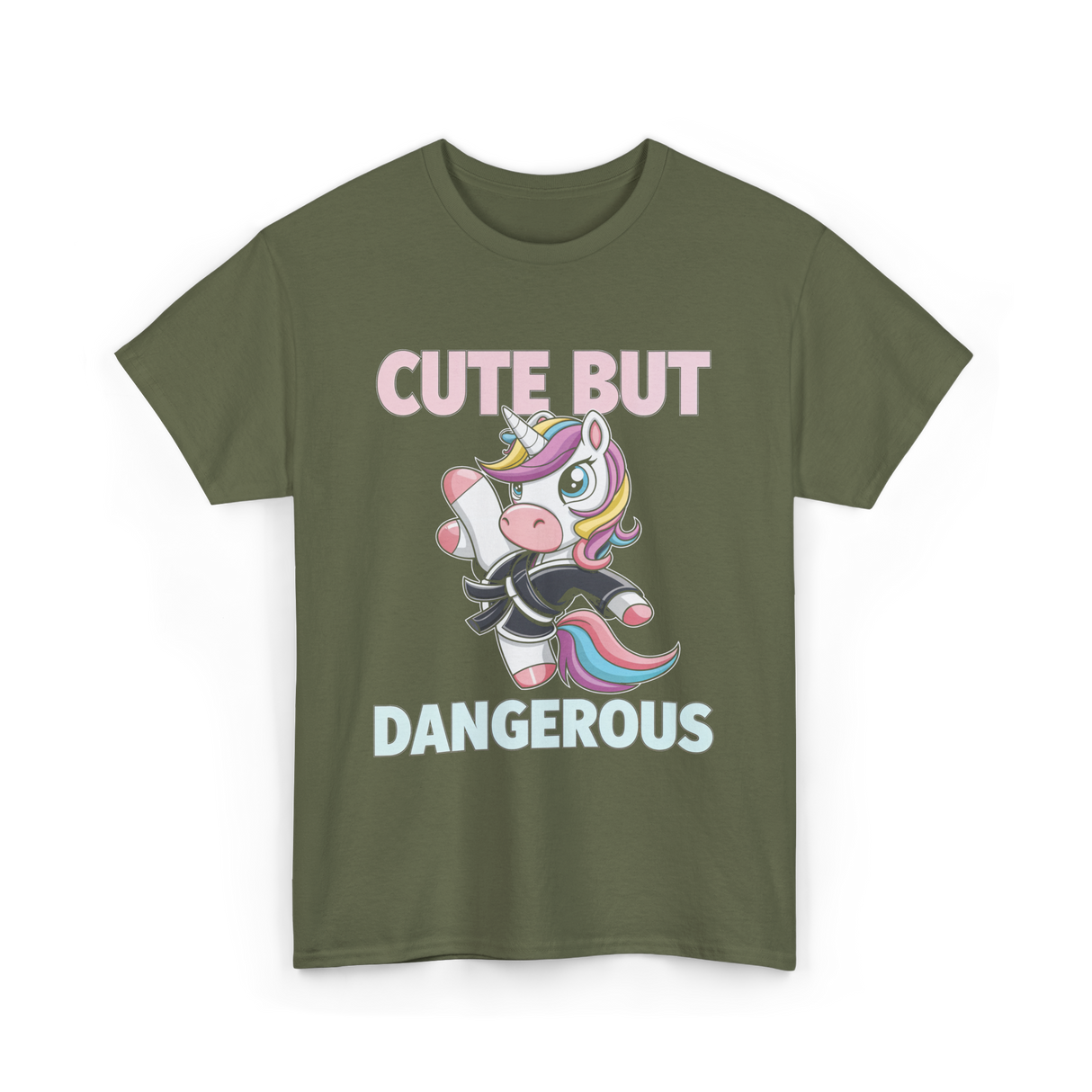 Cute But Dangerous Unicorn Karate T-Shirt - Military Green