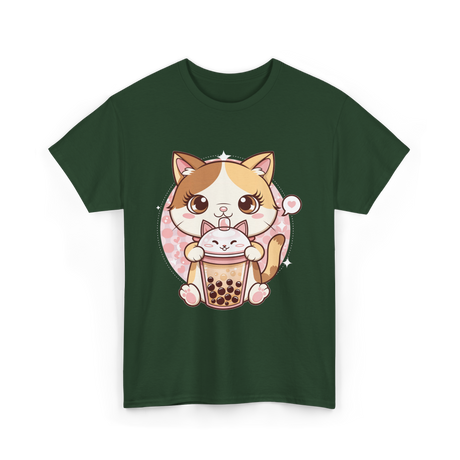 Cute Cat Bubble Tea Cat Kawaii T-Shirt - Forest Green