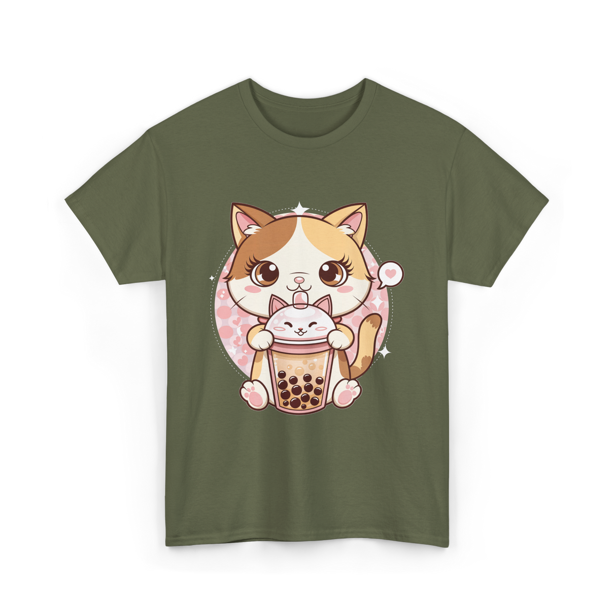 Cute Cat Bubble Tea Cat Kawaii T-Shirt - Military Green