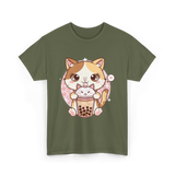 Cute Cat Bubble Tea Cat Kawaii T-Shirt - Military Green