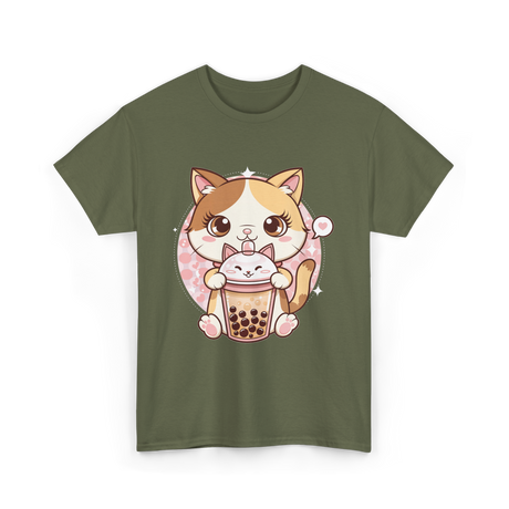 Cute Cat Bubble Tea Cat Kawaii T-Shirt - Military Green