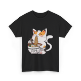 Cute Cat Eating Noodles Cat Lover T-Shirt - Black