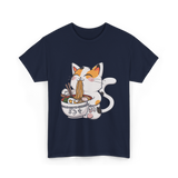 Cute Cat Eating Noodles Cat Lover T-Shirt - Navy