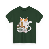 Cute Cat Eating Noodles Cat Lover T-Shirt - Forest Green